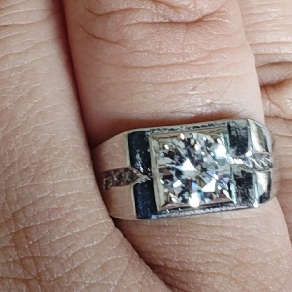 Mens Signet Ring Silver Round Cut Statement Band